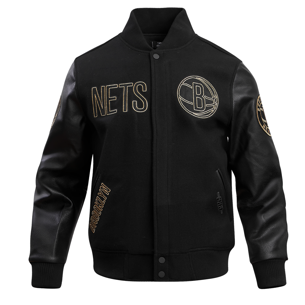 NBA BROOKLYN NETS BLACK & GOLD MEN'S WOOL VARSITY JACKET (JET