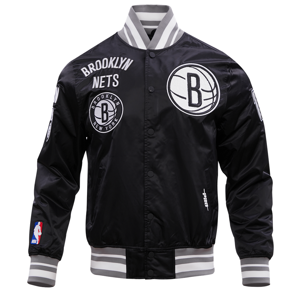 NBA BROOKLYN NETS RETRO CLASSIC MEN'S RIB SATIN JACKET (BLACK/GRAY