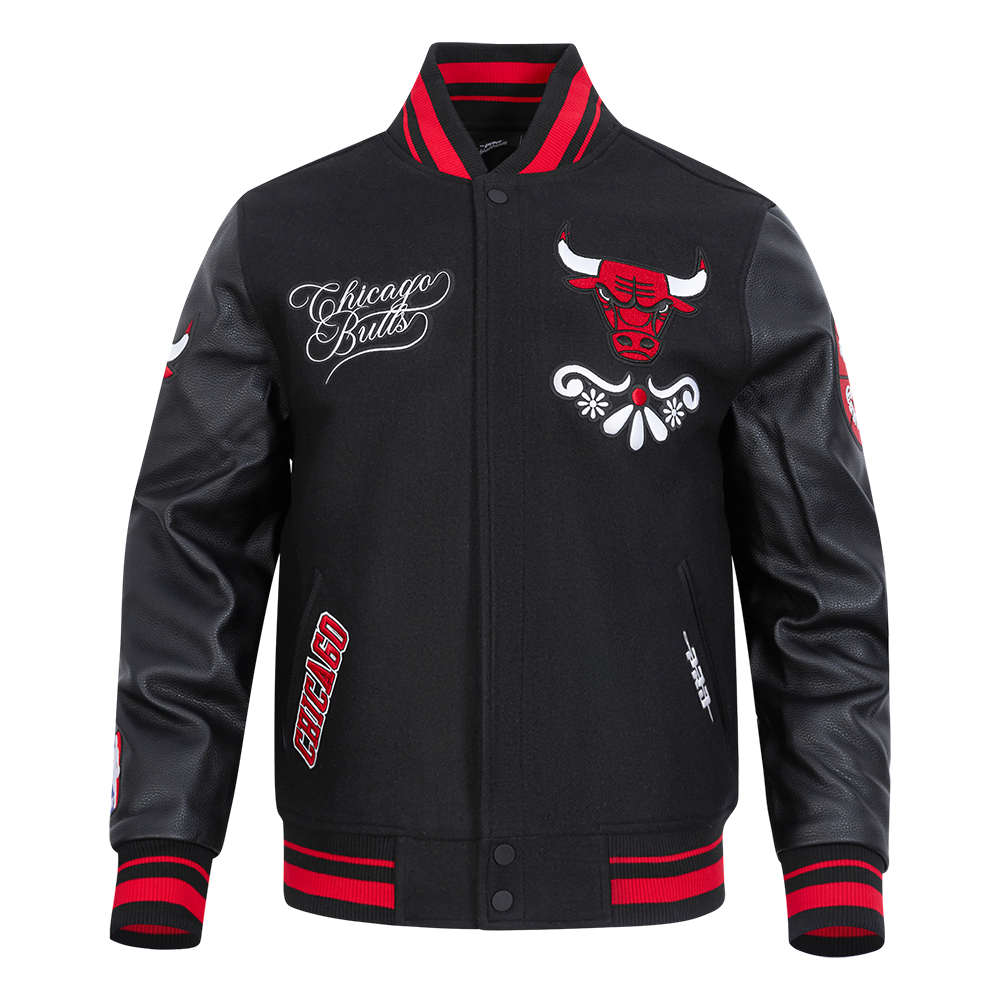 NBA CHICAGO BULLS SUGAR SKULL MEN'S RIB WOOL VARSITY JACKET (BLACK