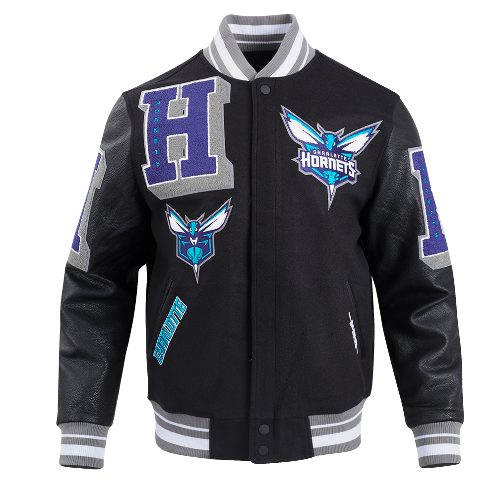 NBA CHARLOTTE HORNETS MASHUP MEN'S RIB WOOL VARSITY JACKET (BLACK NBA CHARLOTTE HORNETS MASHUP MEN'S RIB WOOL VARSITY JACKET (BLACK