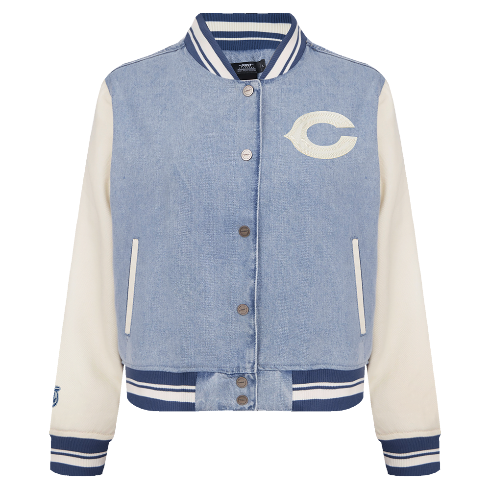 NFL CHICAGO BEARS VARSITY BLUES WOMEN S DENIM VARSITY JACKET DENIM LI Nfl chicago bears varsity blues women s denim varsity jacket denim li