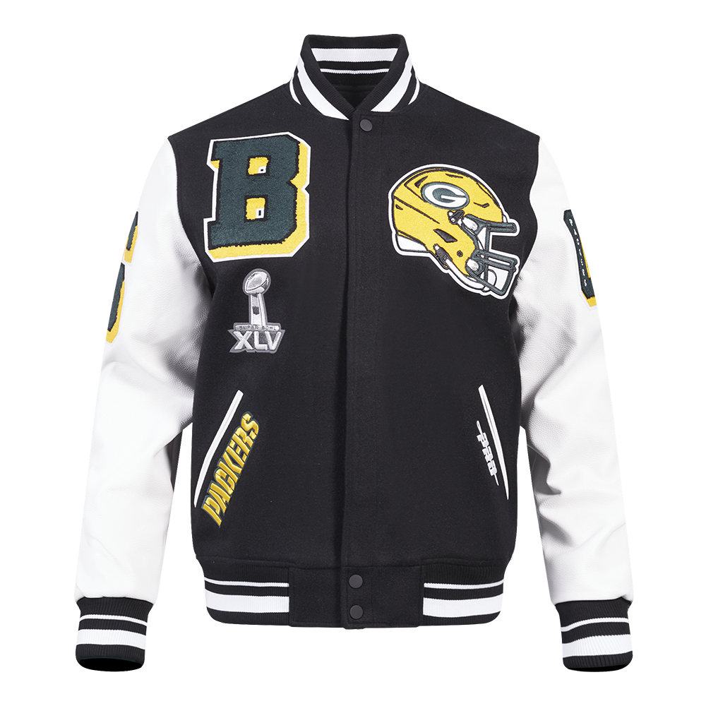 NFL GREEN BAY PACKERS MASHUP MEN'S RIB WOOL VARSITY JACKET (BLACK