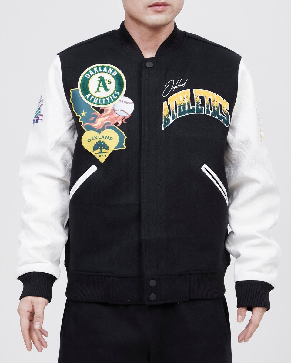 MLB OAKLAND ATHLETICS HOMETOWN WOOL MEN'S VARSITY JACKET (BLACK/WHITE