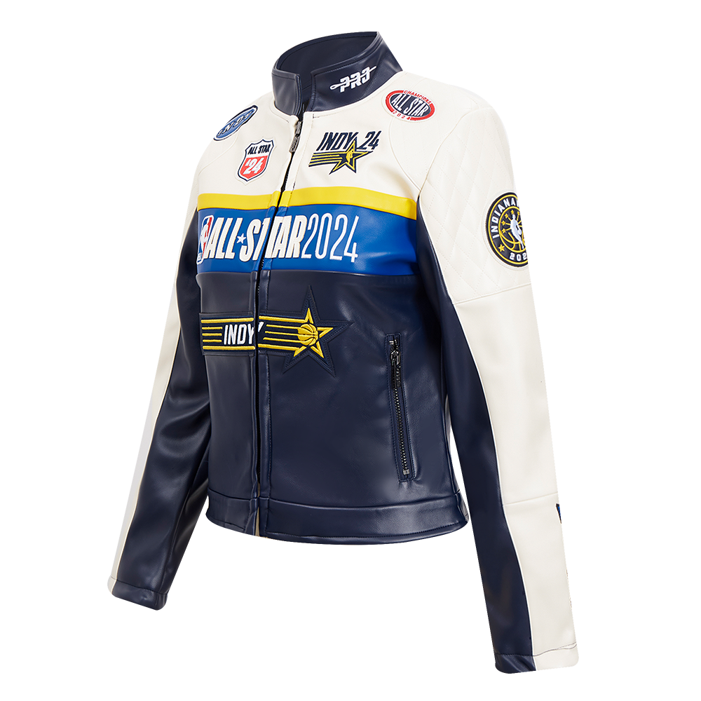 NBA ALL STAR GAME 2024 WOMEN'S FULL ZIP LEATHER JACKET (EGGSHELL/ MIDNIGHT NAVY)