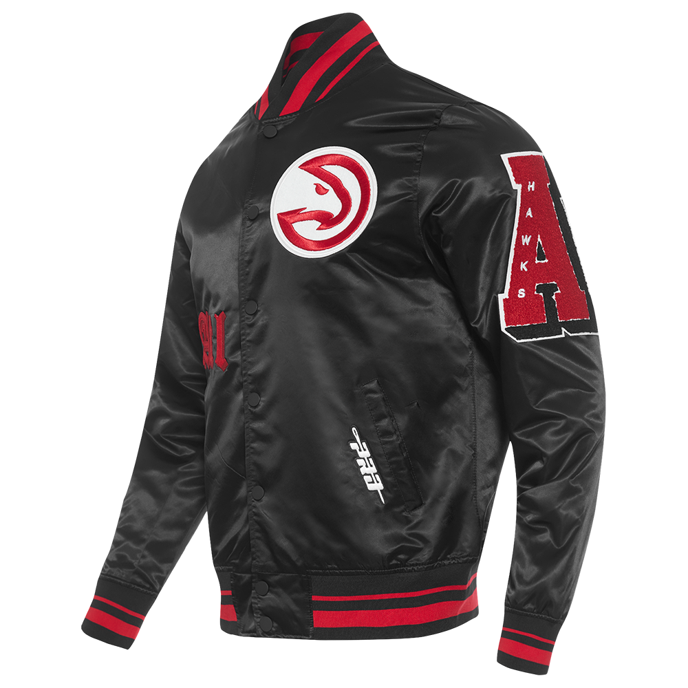 NBA ATLANTA HAWKS OLD ENGLISH MEN'S RIB SATIN JACKET (BLACK/RED/BLACK)