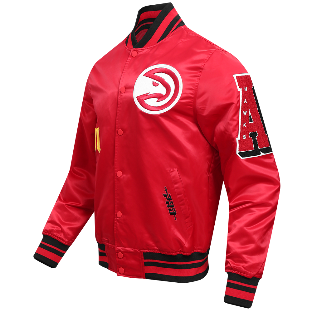 NBA ATLANTA HAWKS OLD ENGLISH MEN'S RIB SATIN JACKET (RED/BLACK)
