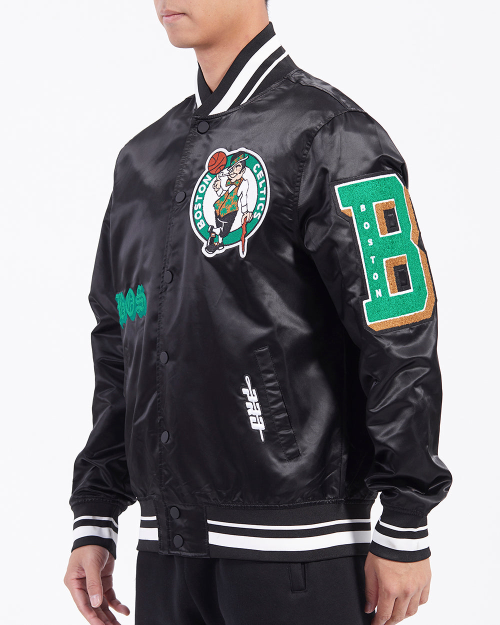 NBA BOSTON CELTICS OLD ENGLISH MEN'S RIB SATIN JACKET (BLACK)