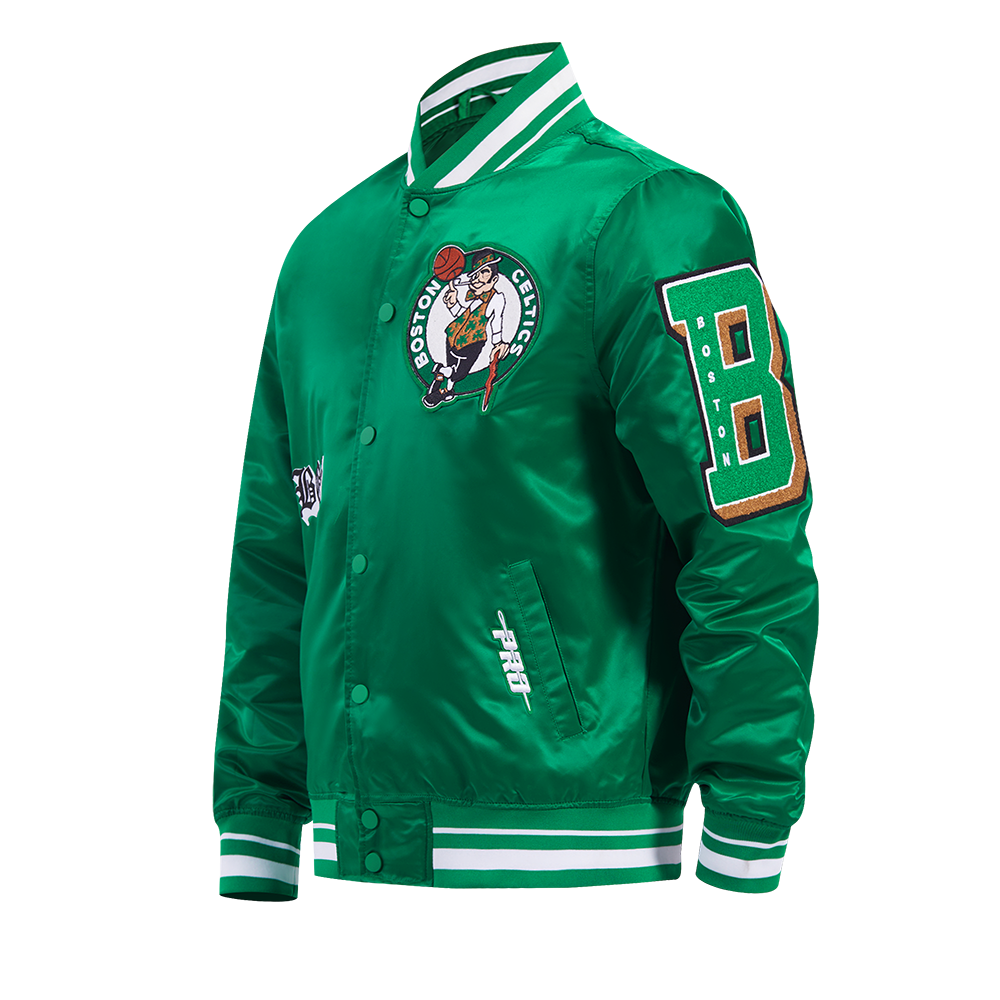 NBA BOSTON CELTICS OLD ENGLISH MEN'S RIB SATIN JACKET (KELLY GREEN)