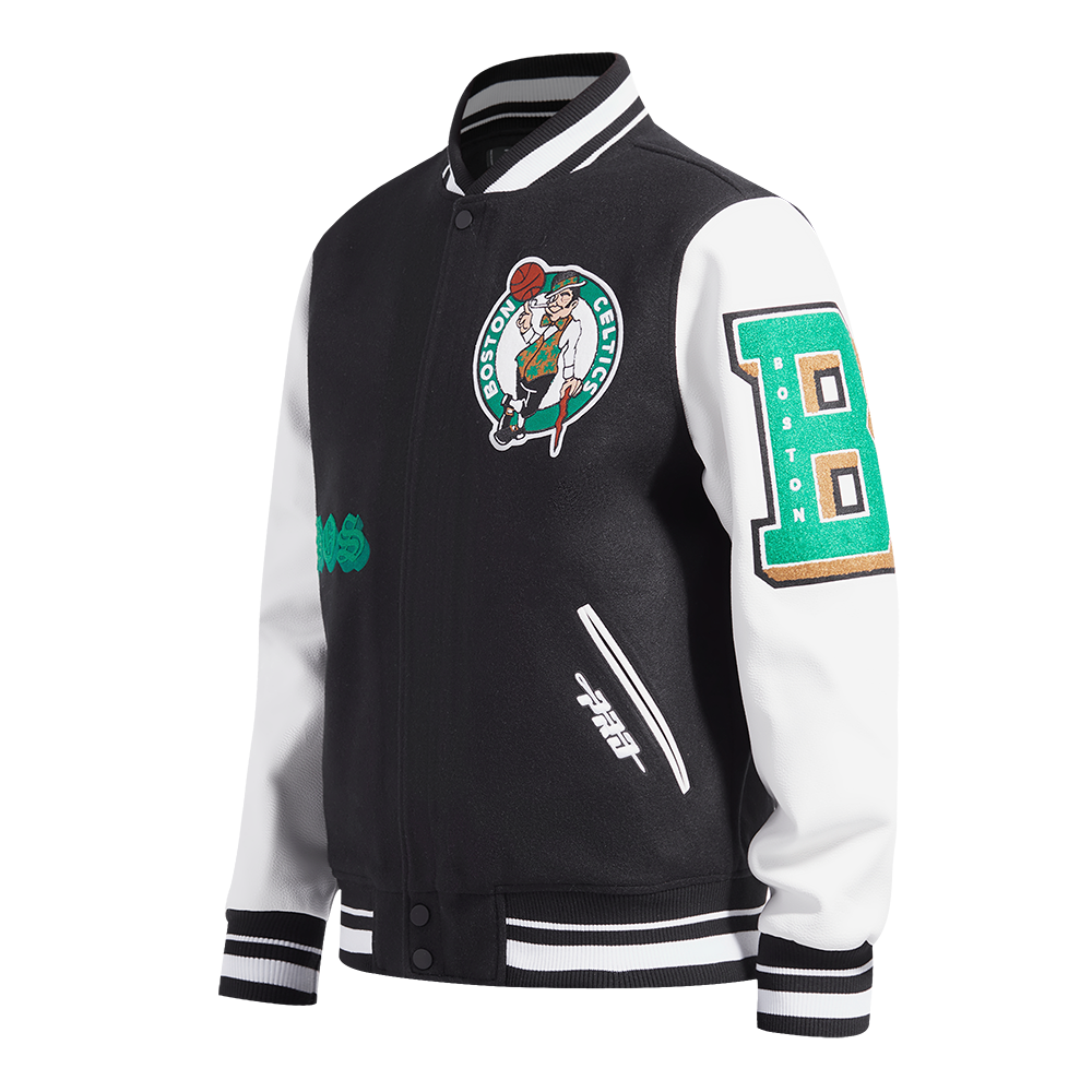 NBA BOSTON CELTICS OLD ENGLISH MEN'S RIB WOOL VARSITY JACKET (BLACK/WHITE)