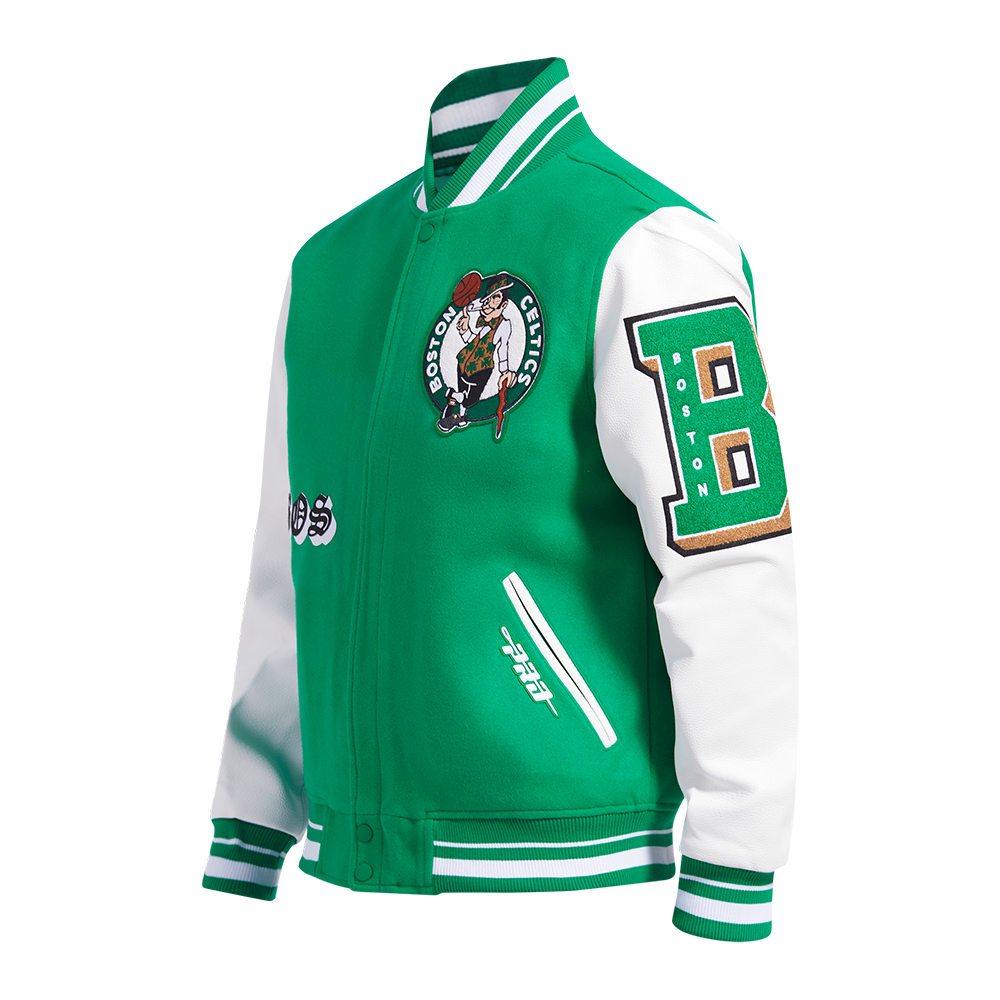 NBA BOSTON CELTICS OLD ENGLISH MEN'S RIB WOOL VARSITY JACKET (KELLY GREEN/ WHITE)
