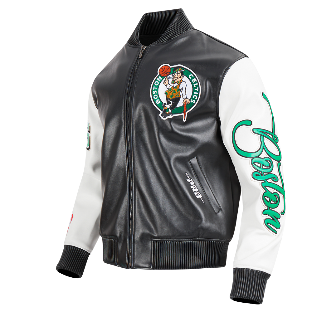 NBA BOSTON CELTICS CITY SIGNATURE MEN'S LEATHER VARSITY JACKET (BLACK/WHITE)