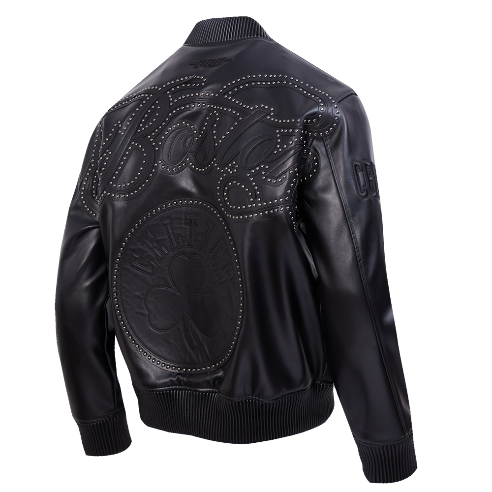NBA BOSTON CELTICS BLACKOUT MEN'S LEATHER VARSITY JACKET (JET BLACK)