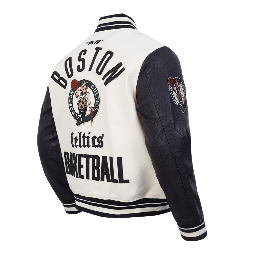 NBA BOSTON CELTICS MODERN ORIGINALS MEN'S RIB WOOL VARSITY JACKET (EGGSHELL/ BLACK)