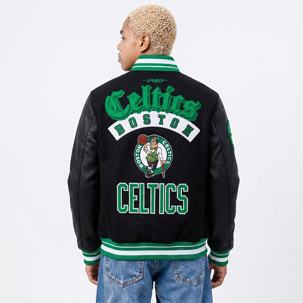 NBA BOSTON CELTICS BEST OF MEN'S RIB WOOL VARSITY JACKET (BLACK/GREEN)
