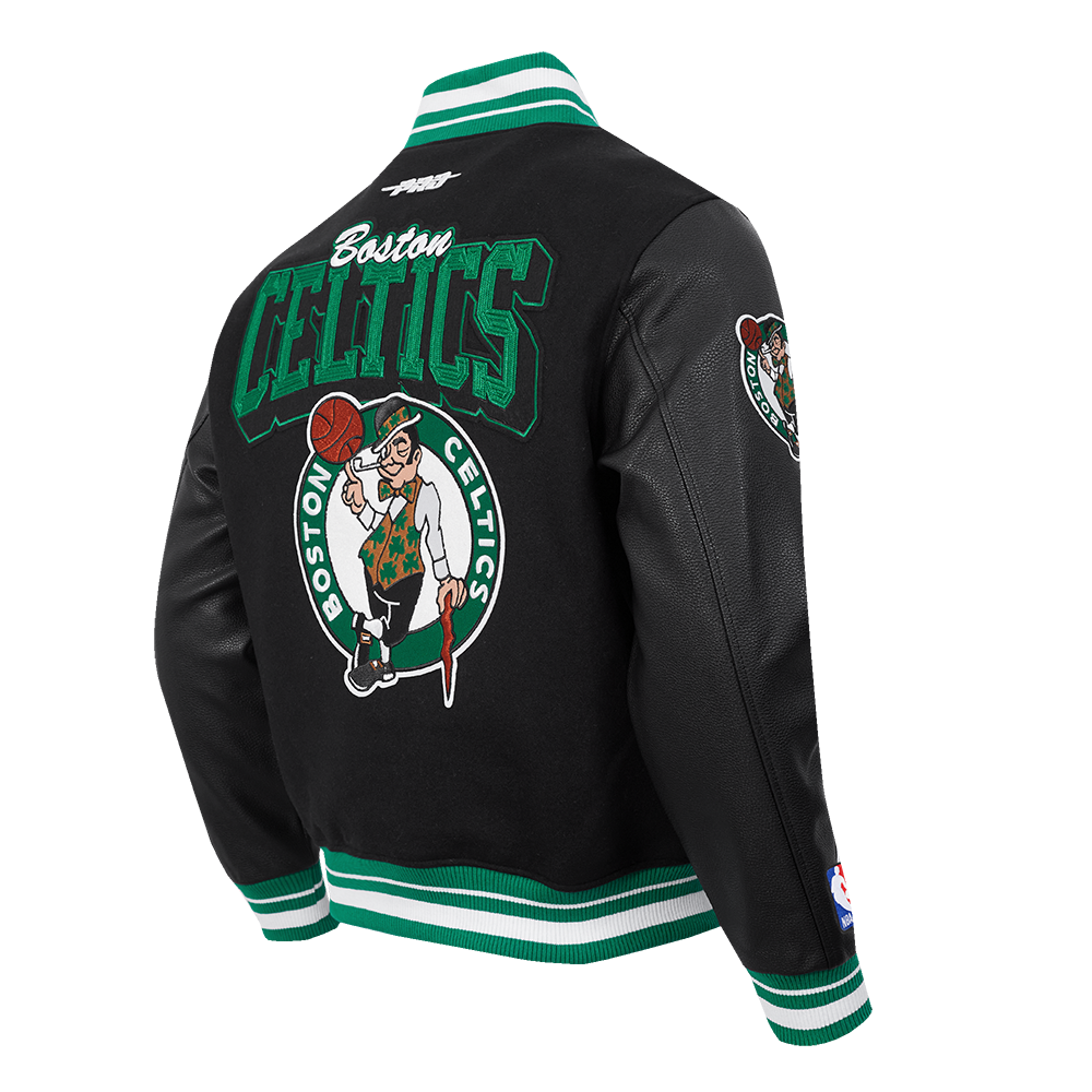 NBA BOSTON CELTICS TEAM BADGE MEN'S RIB WOOL VARSITY JACKET (BLACK/GREEN)