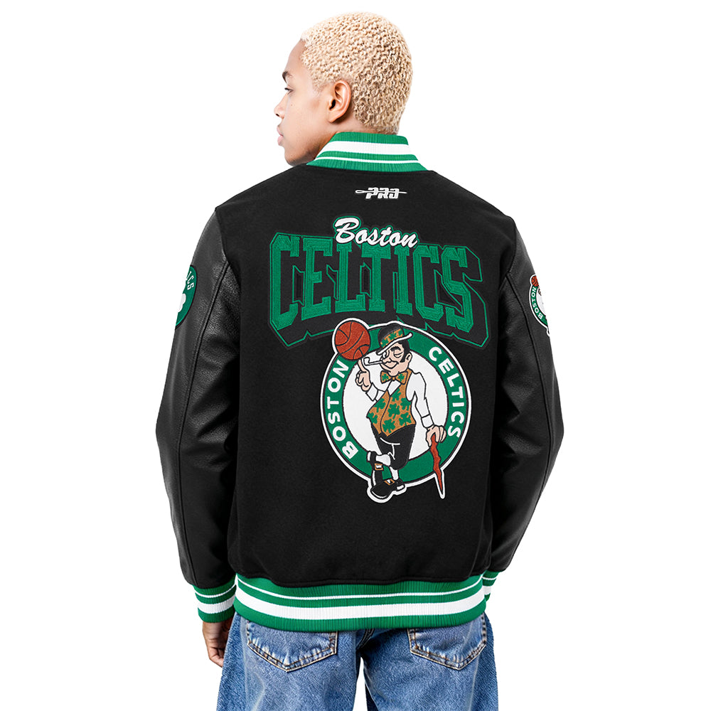 NBA BOSTON CELTICS TEAM BADGE MEN'S RIB WOOL VARSITY JACKET (BLACK/GREEN)