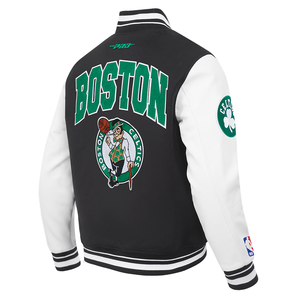 NBA BOSTON CELTICS CITY ARCH MEN'S WOOL VARSITY JACKET (BLACK/WHITE)