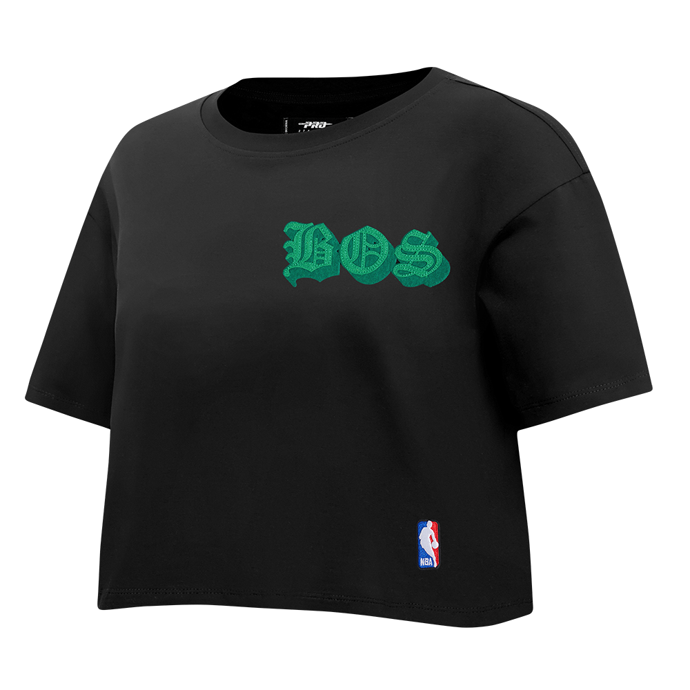 NBA BOSTON CELTICS OLD ENGLISH WOMEN'S SJ BOXY TEE (BLACK)