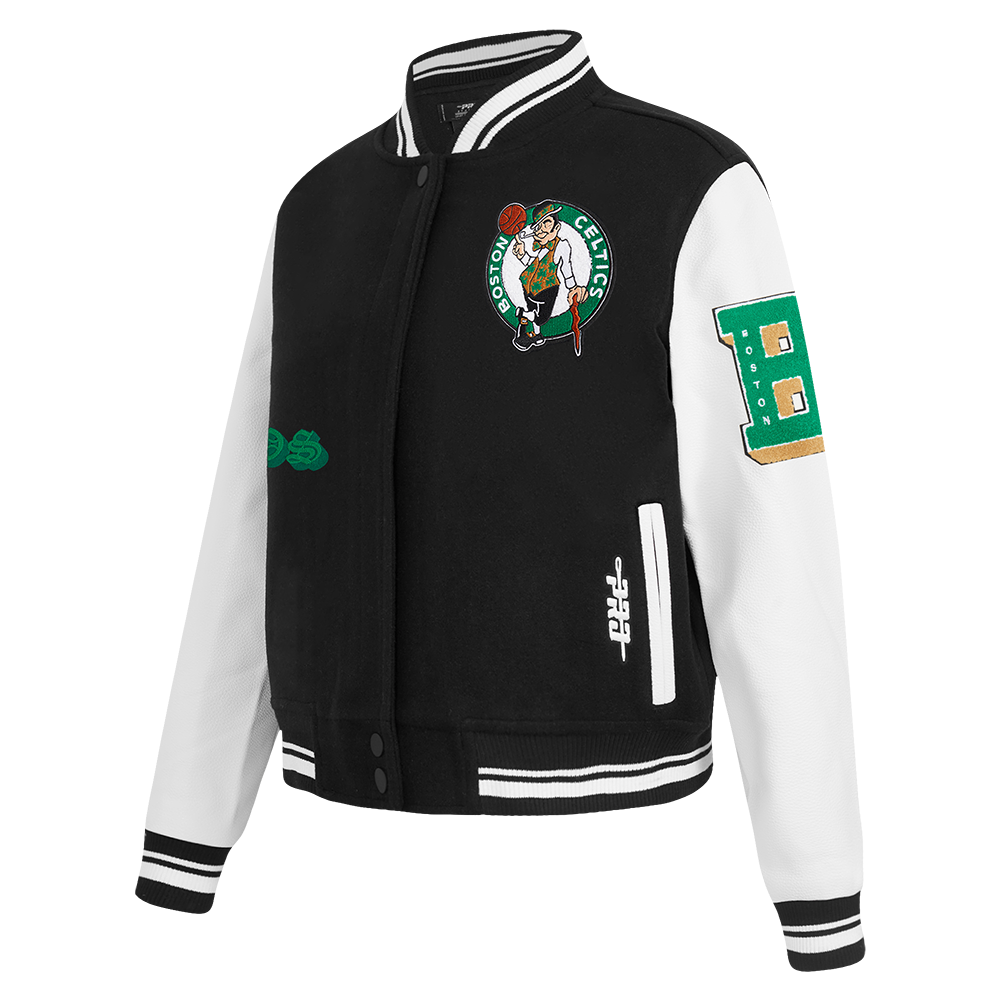 NBA BOSTON CELTICS OLD ENGLISH WOMEN'S RIB WOOL VARSITY JACKET (BLACK/WHITE)