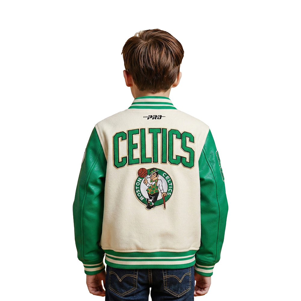 NBA BOSTON CELTICS RETRO CLASSIC LITTLE BOYS RIB WOOL VARSITY JACKET (EGGSHELL/ KELLY GREEN)
