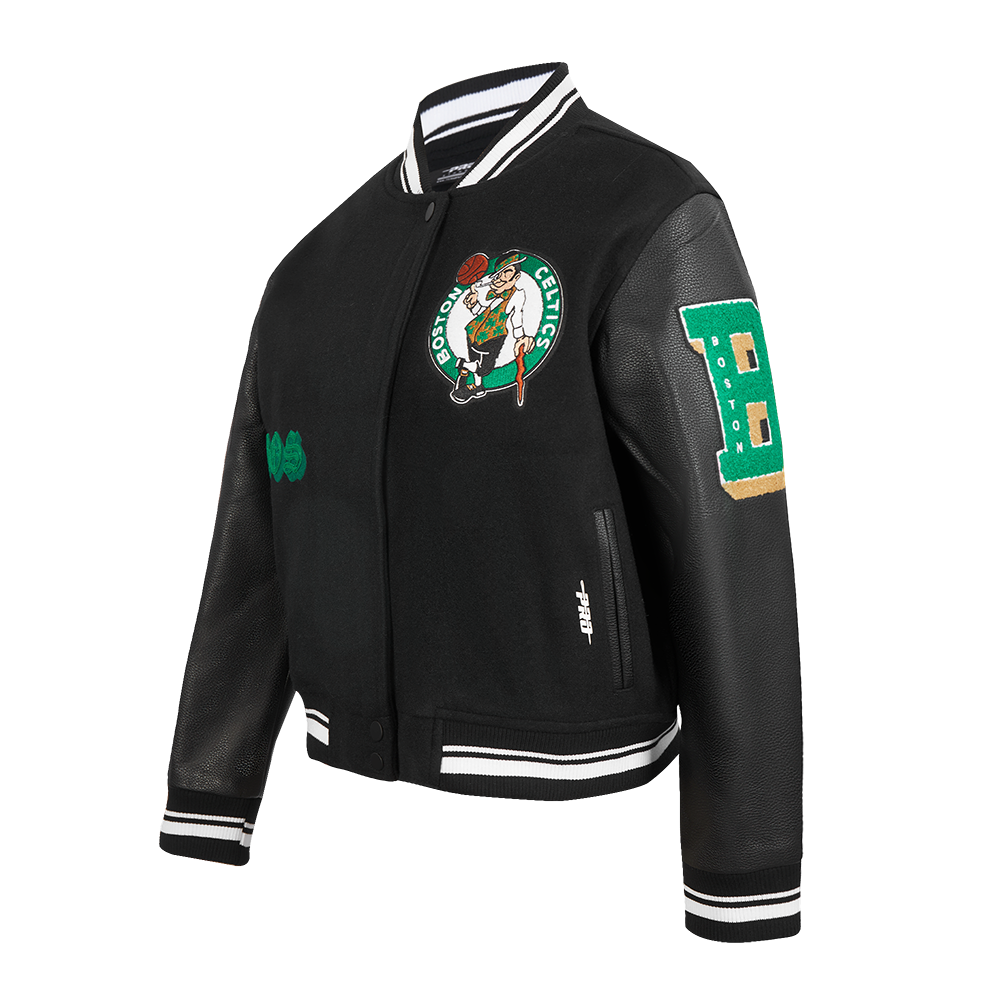 NBA BOSTON CELTICS OLD ENGLISH WOMEN'S RIB SATIN JACKET (BLACK)