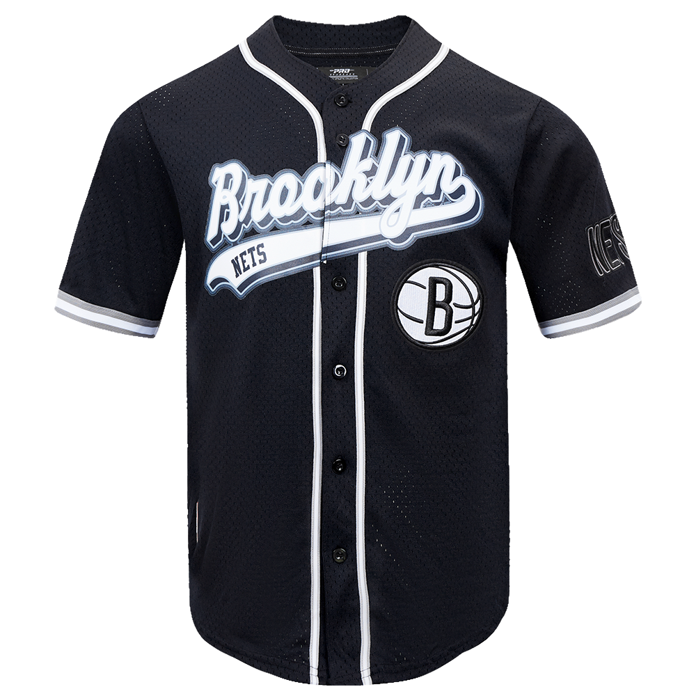 NBA BROOKLYN NETS SCRIPT TAIL MEN'S MESH BUTTON DOWN SHIRT (BLACK/GRAY ...