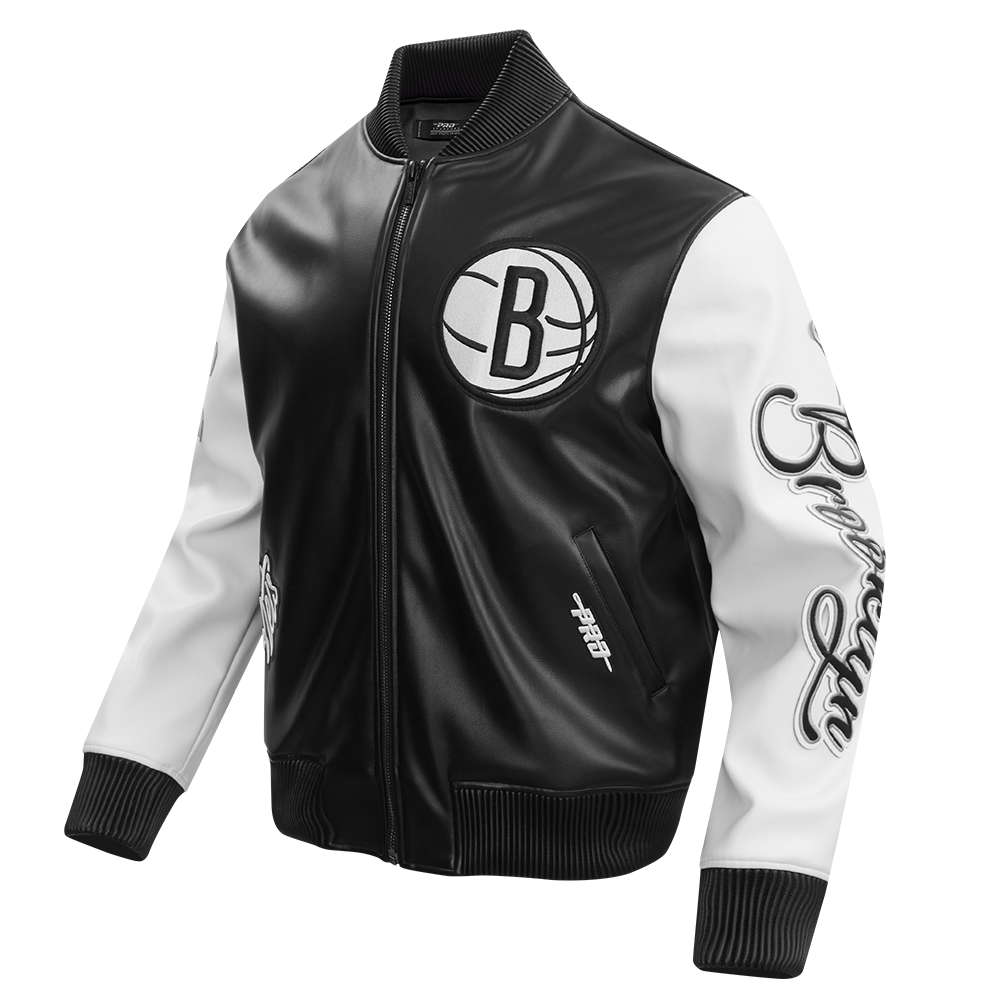 NBA BROOKLYN NETS CITY SIGNATURE MEN'S LEATHER VARSITY JACKET (BLACK/WHITE)