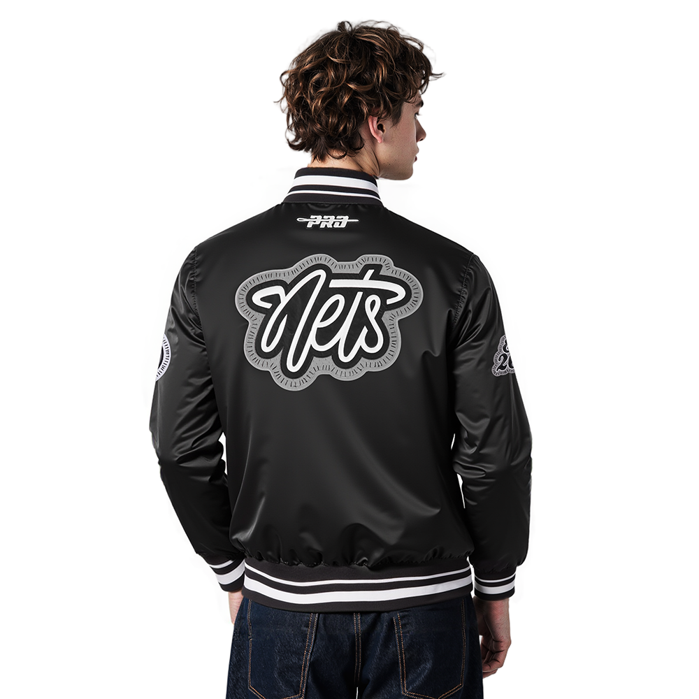 NBA BROOKLYN NETS DIY PICK STITCH MEN'S RIB SATIN JACKET (BLACK)