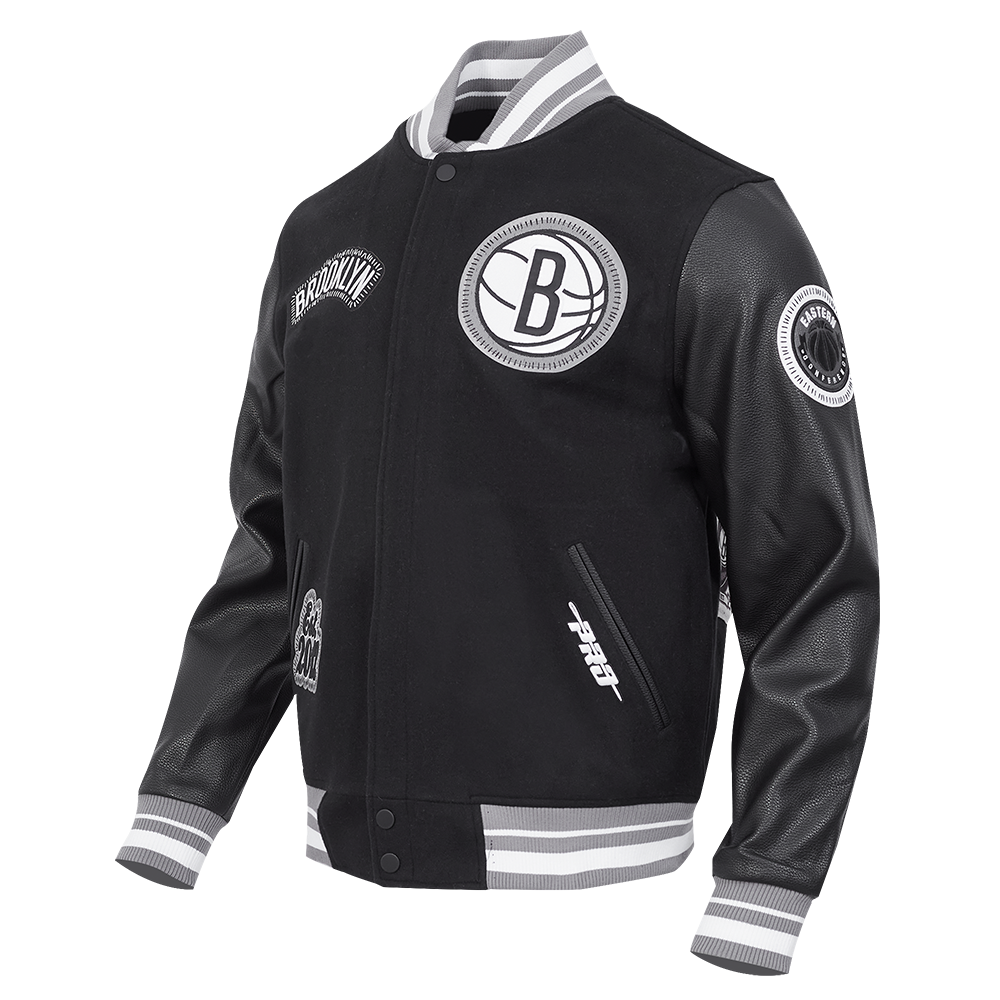 NBA BROOKLYN NETS DIY PICK STITCH MEN'S RIB WOOL VARSITY JACKET (BLACK/GRAY)