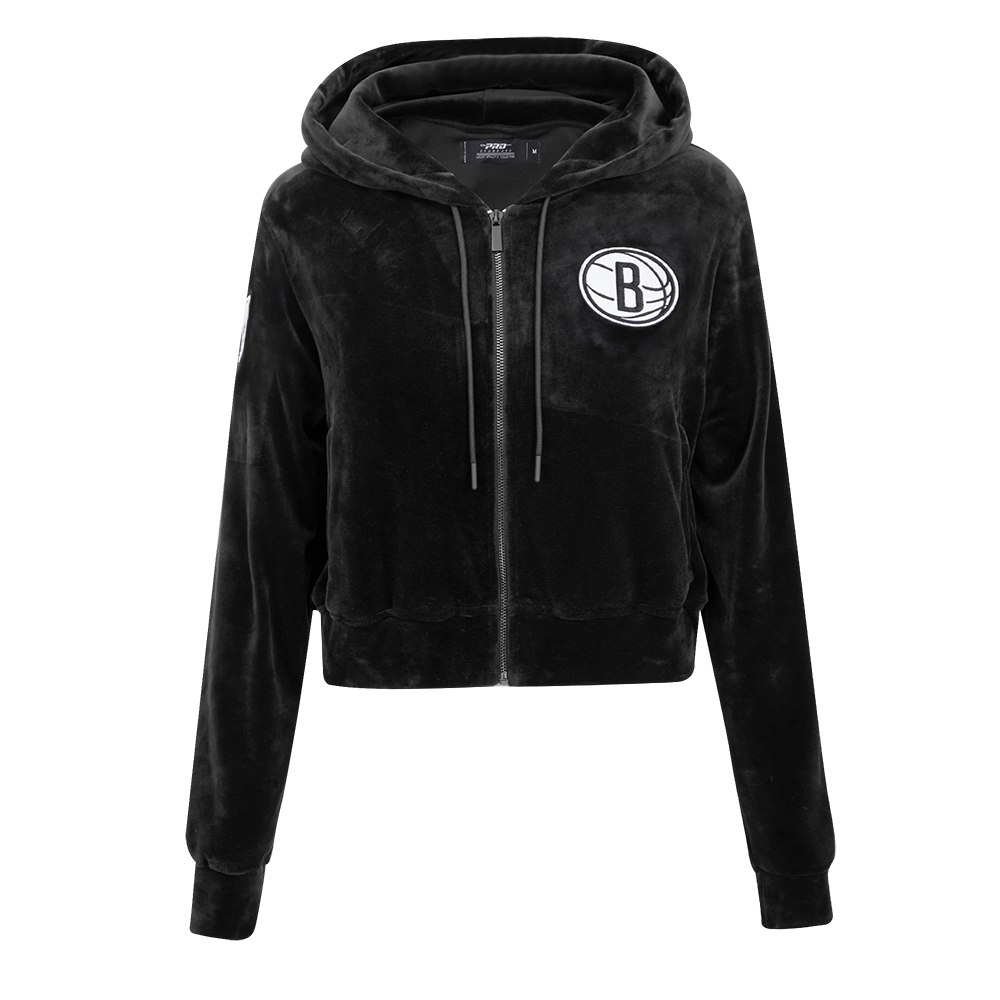 NBA BROOKLYN NETS CLASSIC WOMEN S VELOUR FZ HOODIE BLACK Pro