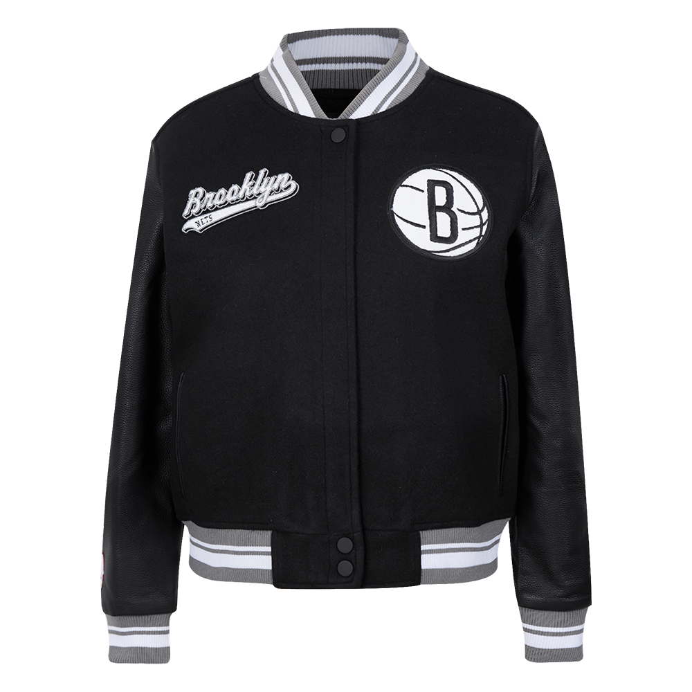 NBA BROOKLYN NETS SCRIPT TAIL WOMEN'S WOOL VARSITY JACKET (BLACK/GRAY ...