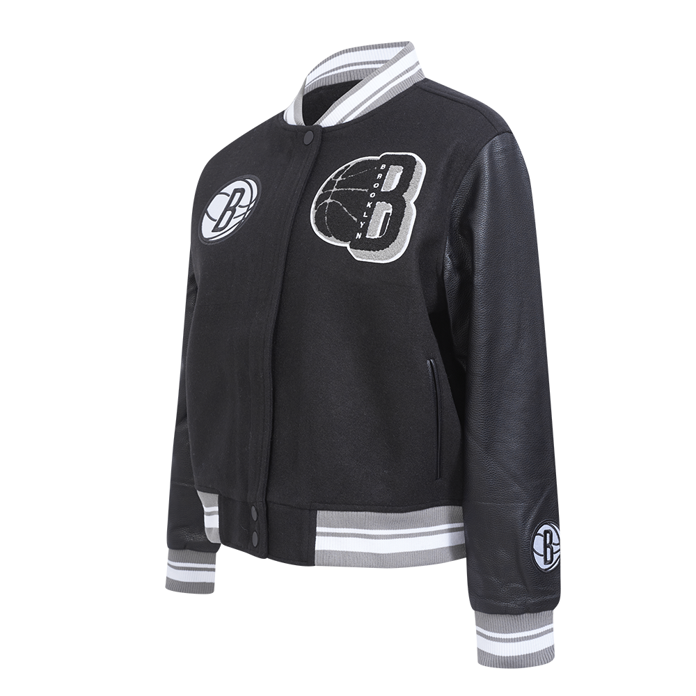 NBA BROOKLYN NETS MASHUP WOMEN'S RIB WOOL VARSITY JACKET (BLACK/GRAY)