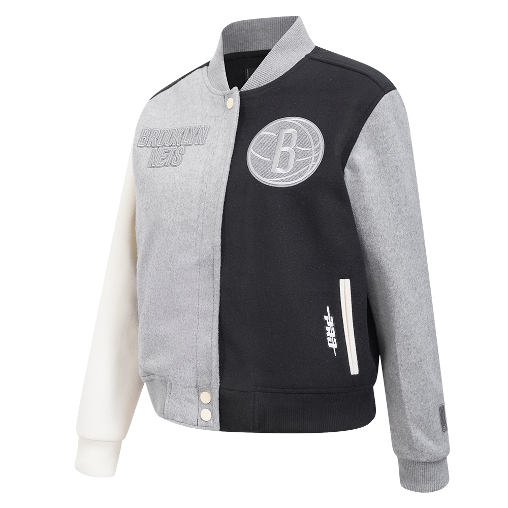 NBA BROOKLYN NETS REVERSE FRENCH TERRY WOMEN'S WOOL VARSITY JACKET (BLACK/GRAY/EGGSHELL)