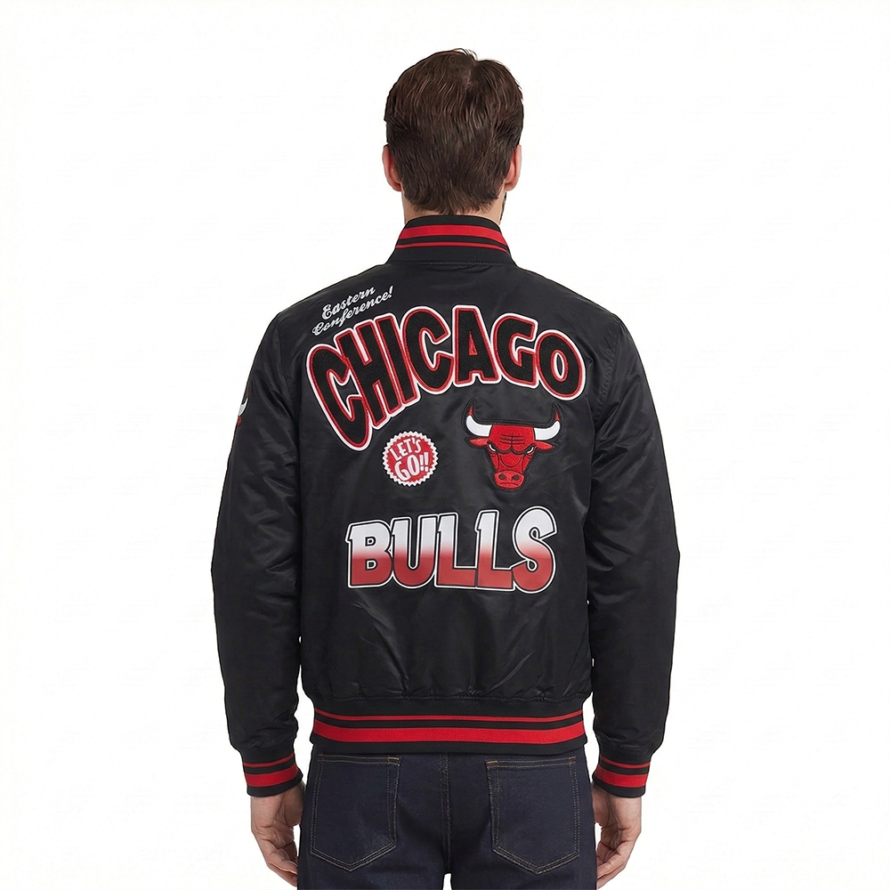 NBA CHICAGO BULLS TURN IT UP MEN'S RIB SATIN JACKET (BLACK/RED/BLACK)