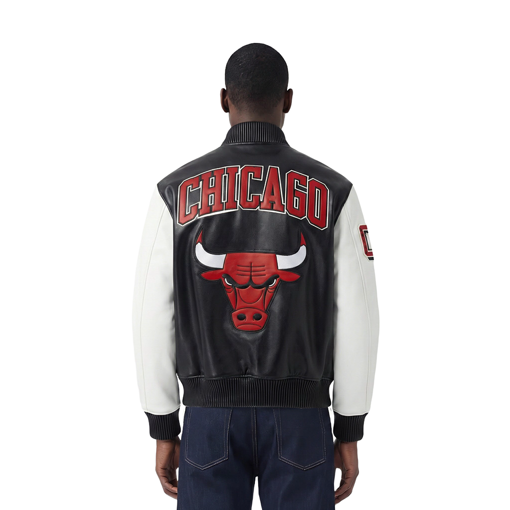NBA CHICAGO BULLS CITY SIGNATURE MEN'S LEATHER VARSITY JACKET (BLACK/WHITE)