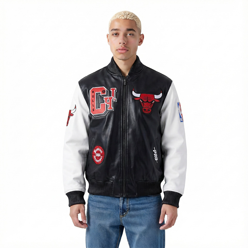 NBA CHICAGO BULLS BEST OF MEN'S LEATHER VARSITY JACKET (BLACK/WHITE)