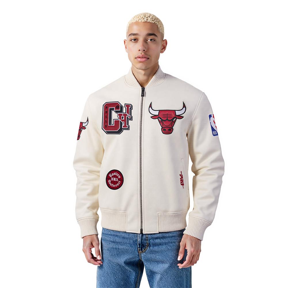 NBA CHICAGO BULLS BEST OF MEN'S LEATHER VARSITY JACKET (EGGSHELL)