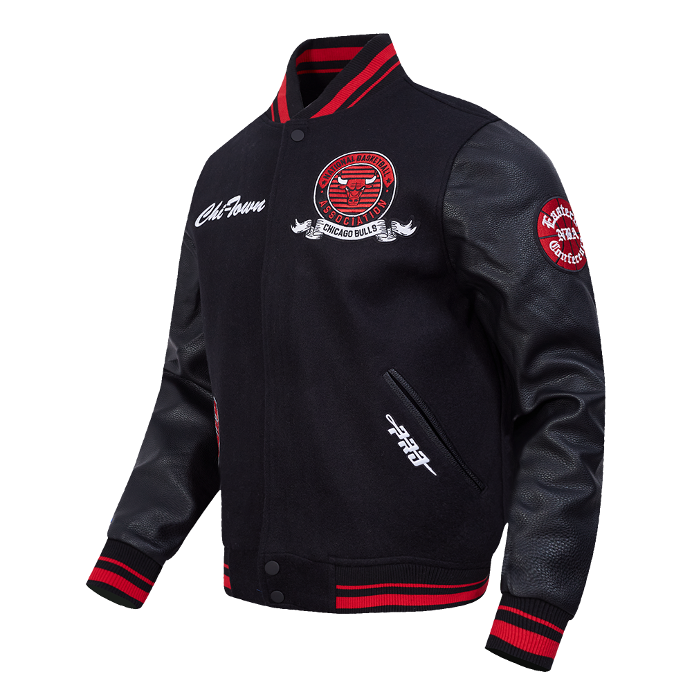 NBA CHICAGO BULLS TEAM BADGE MEN'S RIB WOOL VARSITY JACKET (BLACK/RED/BLACK)