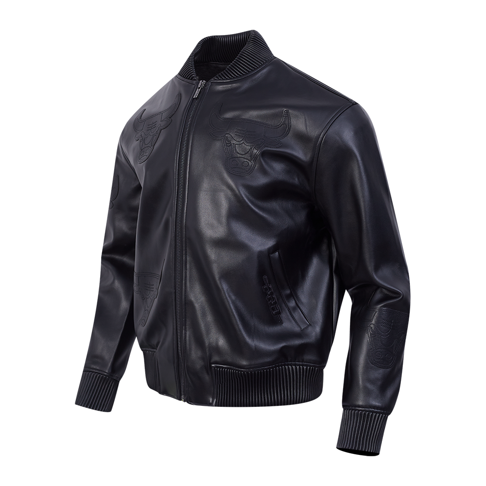 NBA CHICAGO BULLS WASHED VANGUARD MEN'S LEATHER VARSITY JACKET (JET BLACK)
