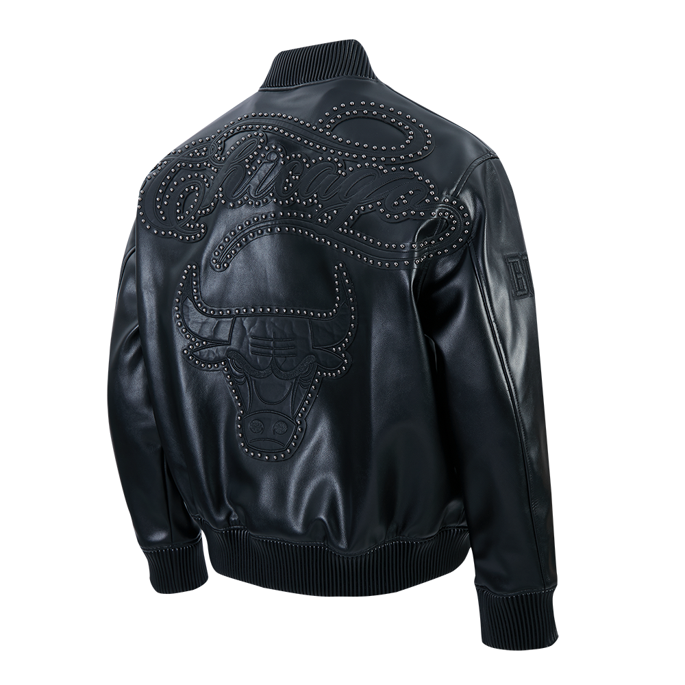 NBA CHICAGO BULLS BLACKOUT MEN'S LEATHER VARSITY JACKET (JET BLACK)