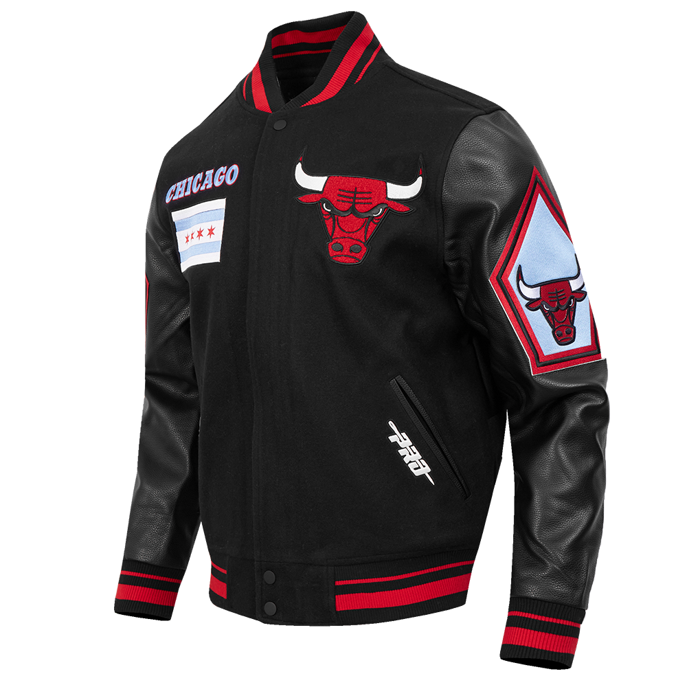 NBA CHICAGO BULLS CITY EDITION 25-26 MEN'S RIB WOOL VARSITY JACKET (BLACK/RED/BLACK)