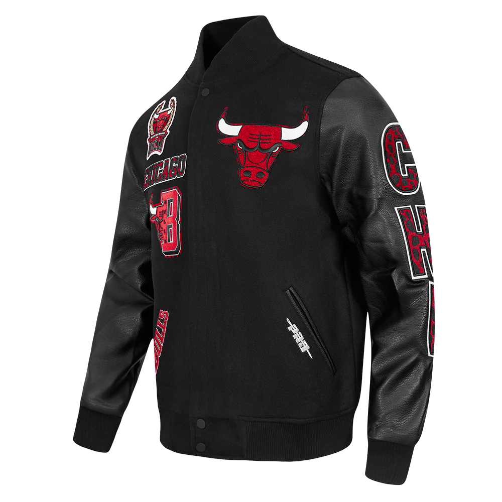 NBA CHICAGO BULLS ANIMAL PRINT MEN'S WOOL VARSITY JACKET (JET BLACK)