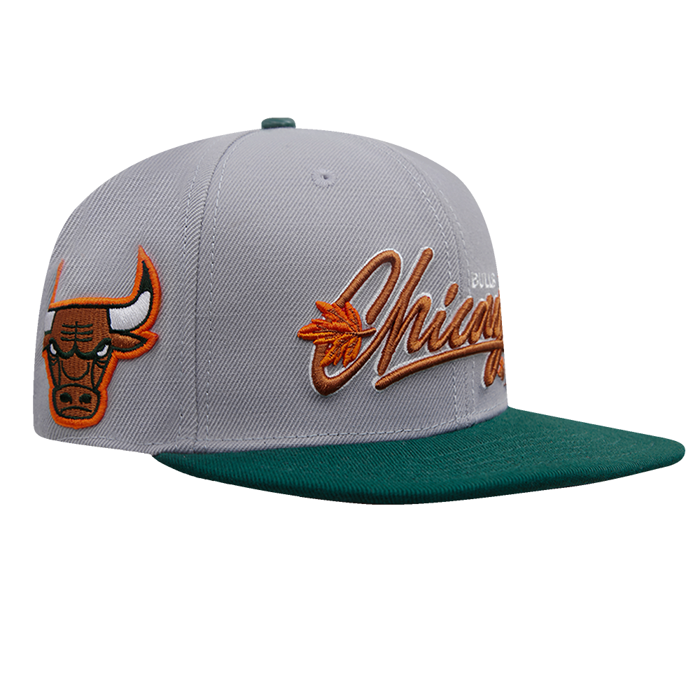 NBA CHICAGO BULLS AUTUMN BREEZE 2 TONE WOOL UNISEX SNAPBACK HAT (GRAY/FOREST GREEN)
