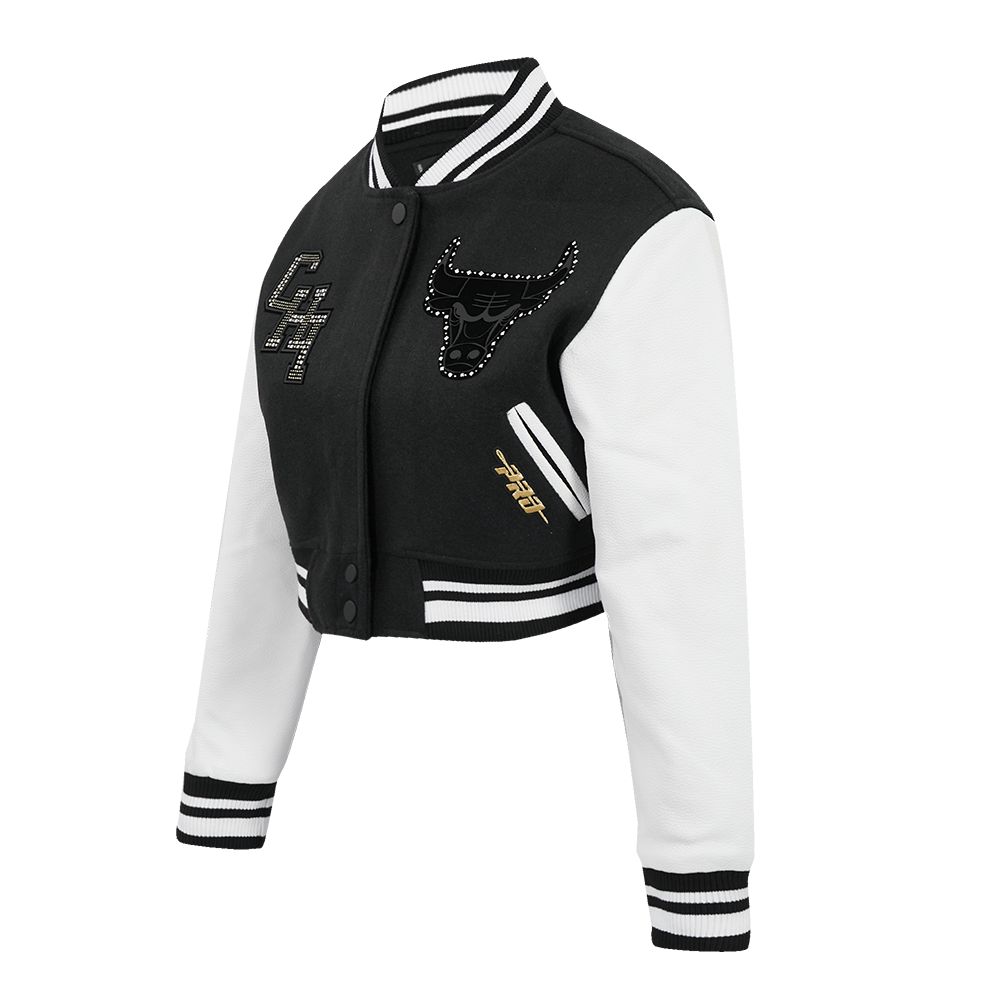 NBA CHICAGO BULLS RENEGADE WOMEN'S RIB CROPPED WOOL VARSITY JACKET (BLACK/WHITE)