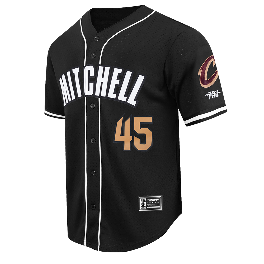NBA CLEVELAND CAVALIERS DONOVAN MITCHELL #45 CLASSIC MESH PNN MEN'S MESH BUTTON DOWN SHIRT (BLACK)