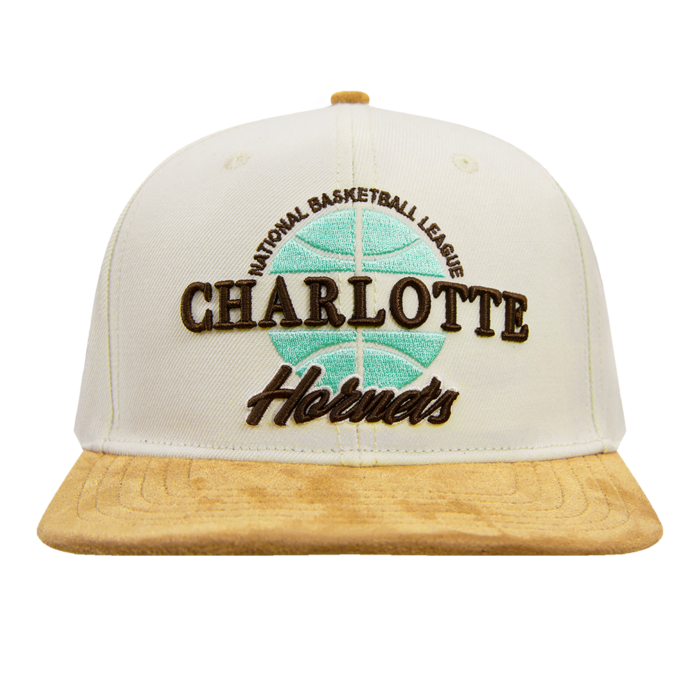 NBA CHARLOTTE HORNETS BUTTER SUEDE SCRIPT STRAPBACK HAT EGGSHELL SUED Pro Standard