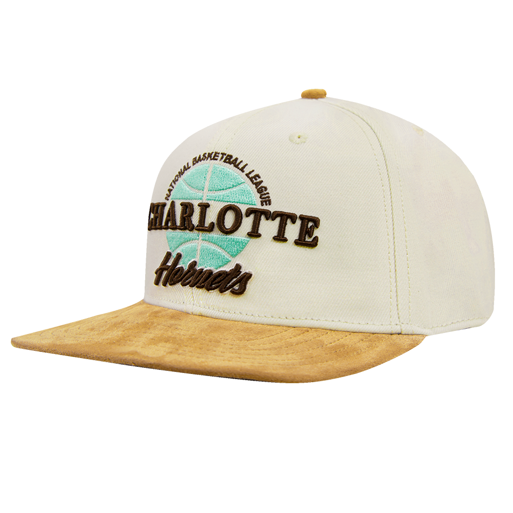 NBA CHARLOTTE HORNETS BUTTER SUEDE SCRIPT STRAPBACK HAT EGGSHELL SUED Pro Standard