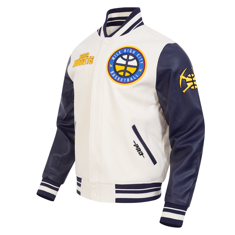 NBA DENVER NUGGETS RETRO CLASSIC MEN'S RIB WOOL VARSITY JACKET (EGGSHELL/ MIDNIGHT NAVY)