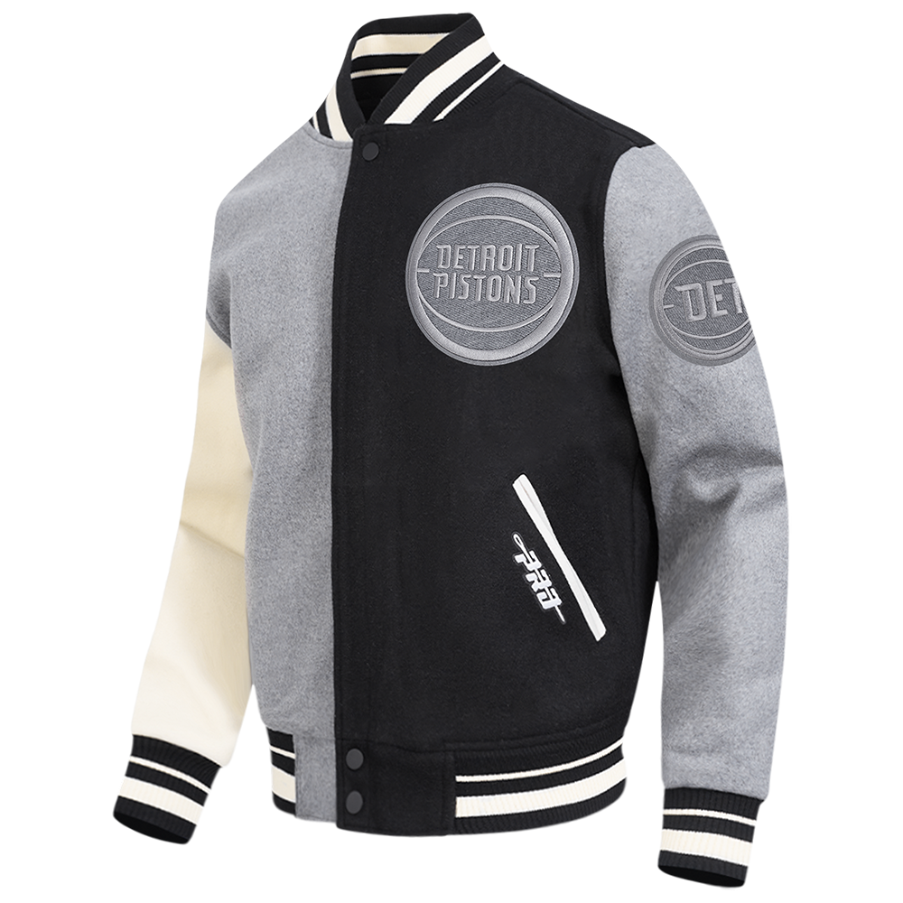 NBA DETROIT PISTONS REVERSE FRENCH TERRY MEN'S CB WOOL VARSITY JACKE (BLACK/GRAY/EGGSHELL)
