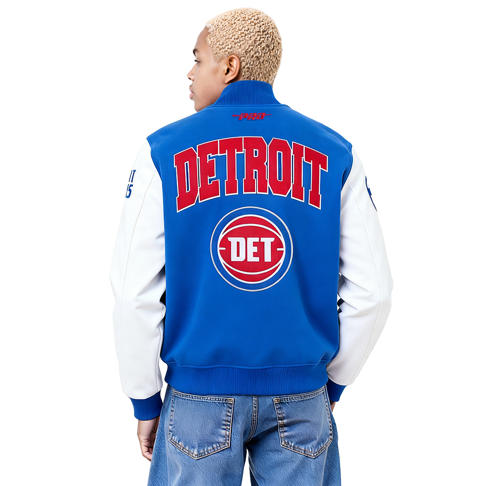NBA DETROIT PISTONS CITY ARCH MEN'S WOOL VARSITY JACKET (ROYAL BLUE/WHITE)